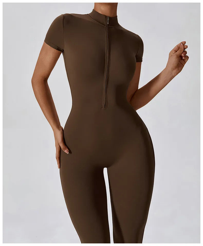 4 Renk Kısa Kol Önden Fermuarlı Tulum Tayt Bodysuit - MasuWear