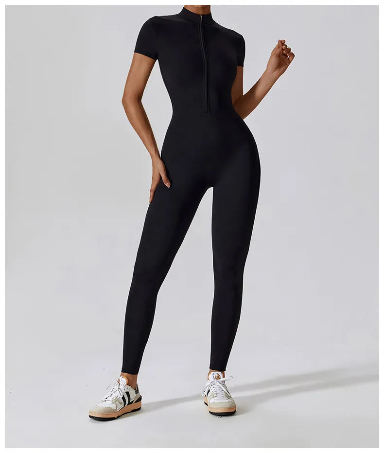 4 Renk Kısa Kol Önden Fermuarlı Tulum Tayt Bodysuit - MasuWear