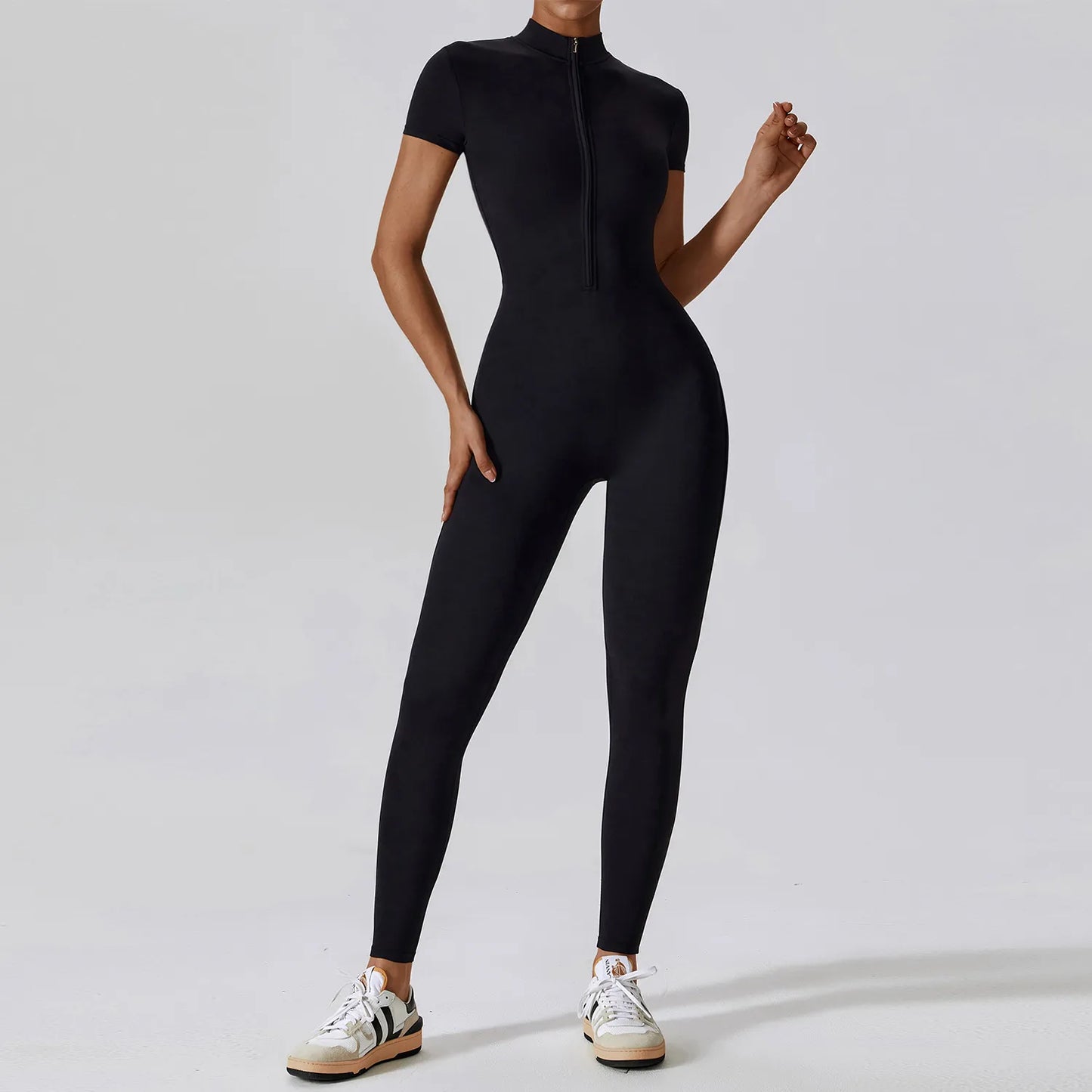 4 Renk Kısa Kol Önden Fermuarlı Tulum Tayt Bodysuit - MasuWear