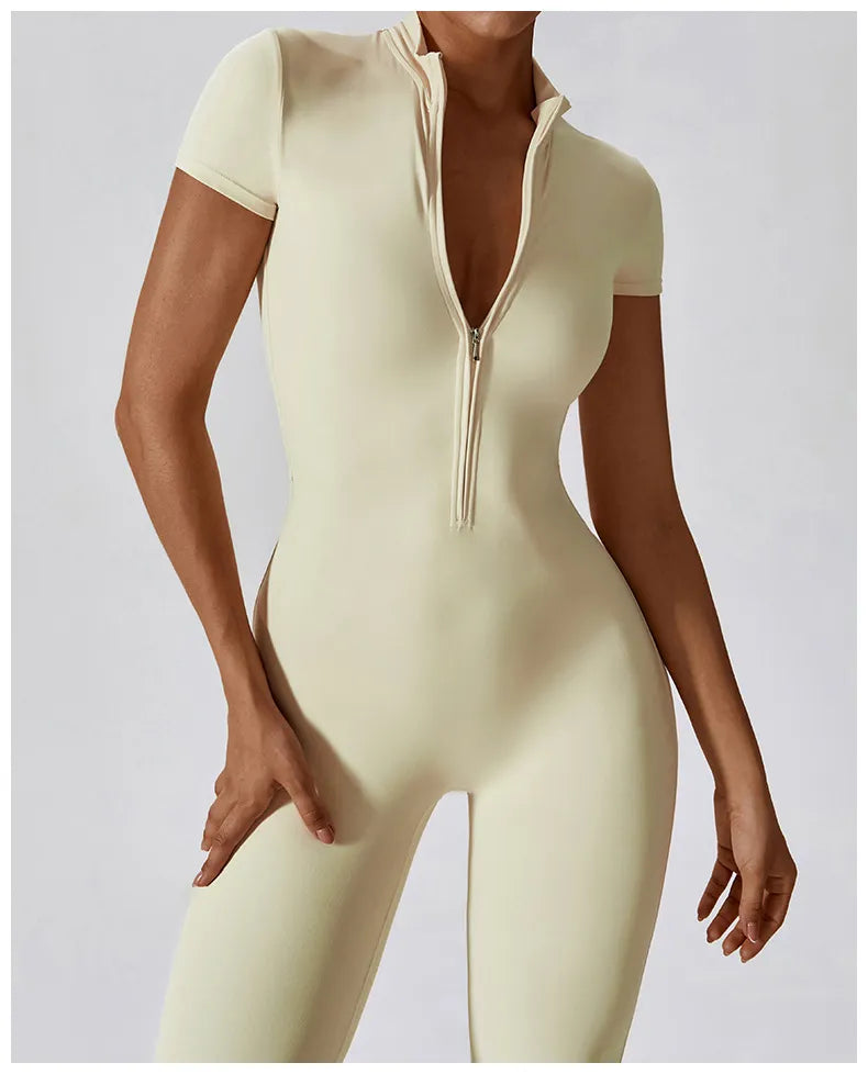 4 Renk Kısa Kol Önden Fermuarlı Tulum Tayt Bodysuit - MasuWear