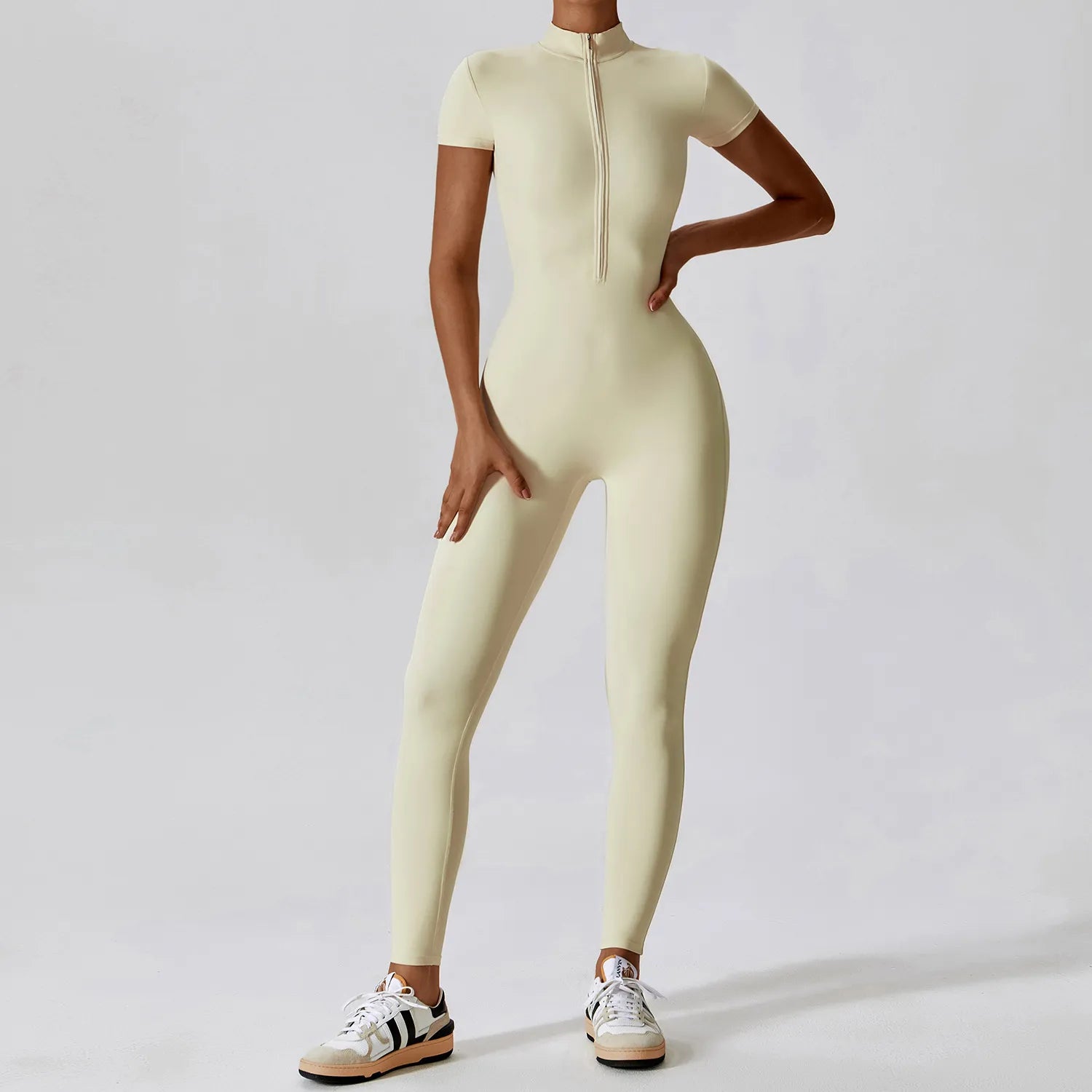 4 Renk Kısa Kol Önden Fermuarlı Tulum Tayt Bodysuit - MasuWear