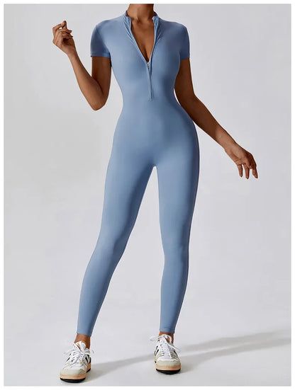 4 Renk Kısa Kol Önden Fermuarlı Tulum Tayt Bodysuit - MasuWear