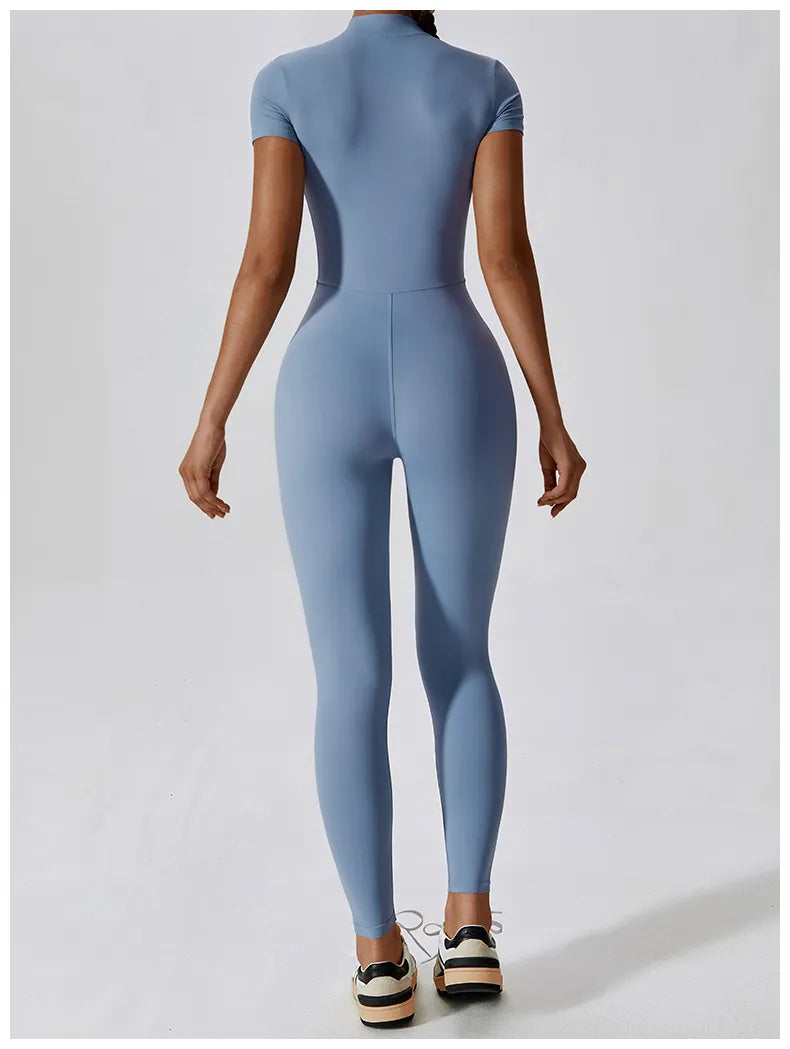 4 Renk Kısa Kol Önden Fermuarlı Tulum Tayt Bodysuit - MasuWear