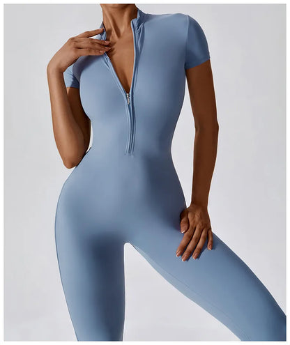 4 Renk Kısa Kol Önden Fermuarlı Tulum Tayt Bodysuit - MasuWear